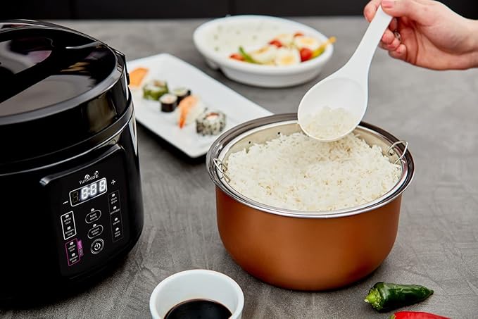 Yum Asia Kumo YumCarb Rice Cooker with Ceramic Bowl and Advanced Fuzzy Logic (5.5 Cups 1 Litre) 5 Rice Cooking Functions 3 Multicooker Functions 110V US Power (Dark Stainless Steel)