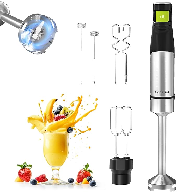 Consciot 4 in 1 Immersion Hand Blender Max 1100W Corded Stick Emulsifier with Entire Stainless Steel Blender Shaft Trigger Speed Control For Blending Beating Frothing Mixing &amp More Non-BPA