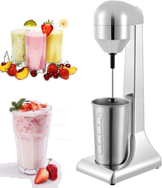 Milkshake Maker Stainless Steel Electric Drink Mixer 100W Classic Milkshake Machine 2 Speed with 500ml Cup Silver for Milk Tea Stores Restaurants