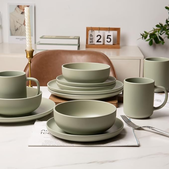 12-Piece Stoneware Dinnerware Set Green Matte Glaze Service for 3 Includes Dinner Plates Salad Plates Bowls Mugs Microwave and Dishwasher Safe