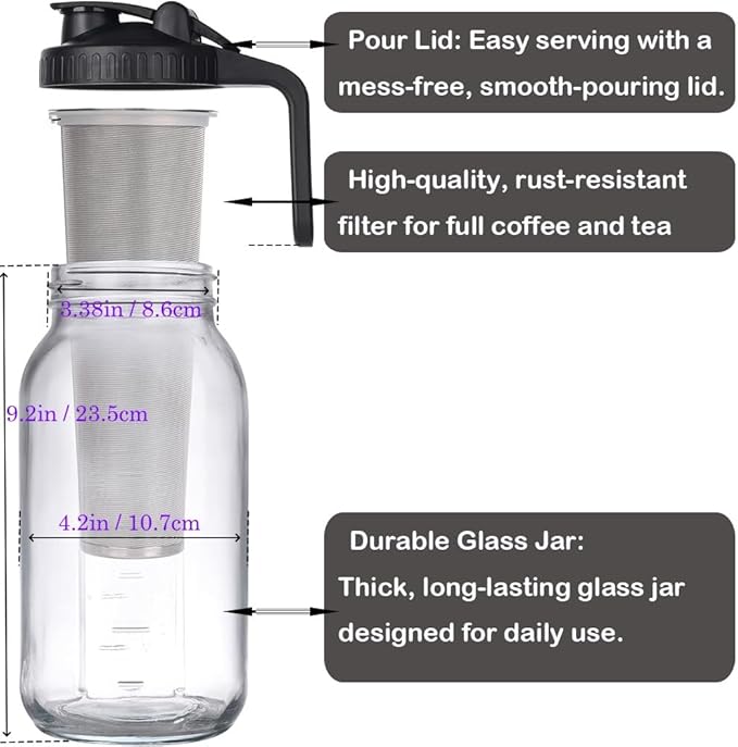 64 oz (2 Quart) Black Cold Brew Coffee Maker Iced Tea Machines Thick Glass with Pour Spout Handle Lid Stainless Steel Filter for Iced Coffee Fruit Drinks or Sun Tea (1)