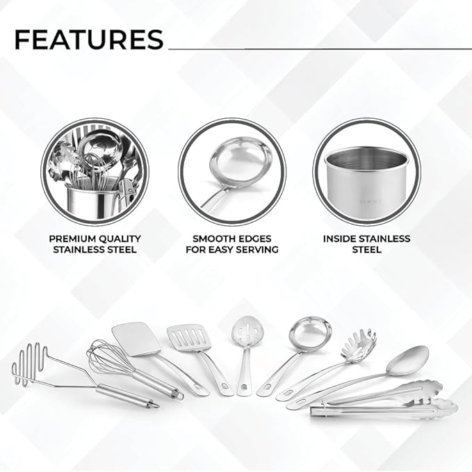 Avador® Premium Set of 10 Stainless Steel Kitchen Tool Set with Holder Easy To Clean Space Saving Great for Cooking Baking Prepping