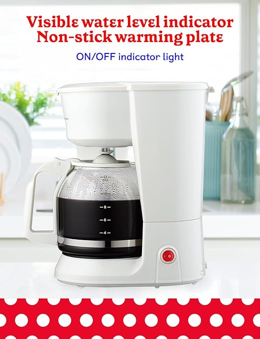 Betty Crocker 12-Cup Drip Coffee Maker with Heat Resistant Glass Carafe Removable Permanent Nylon Filter Pause &amp Pour Water Level Gauge Non-Stick Warming Plate BC-5729W White