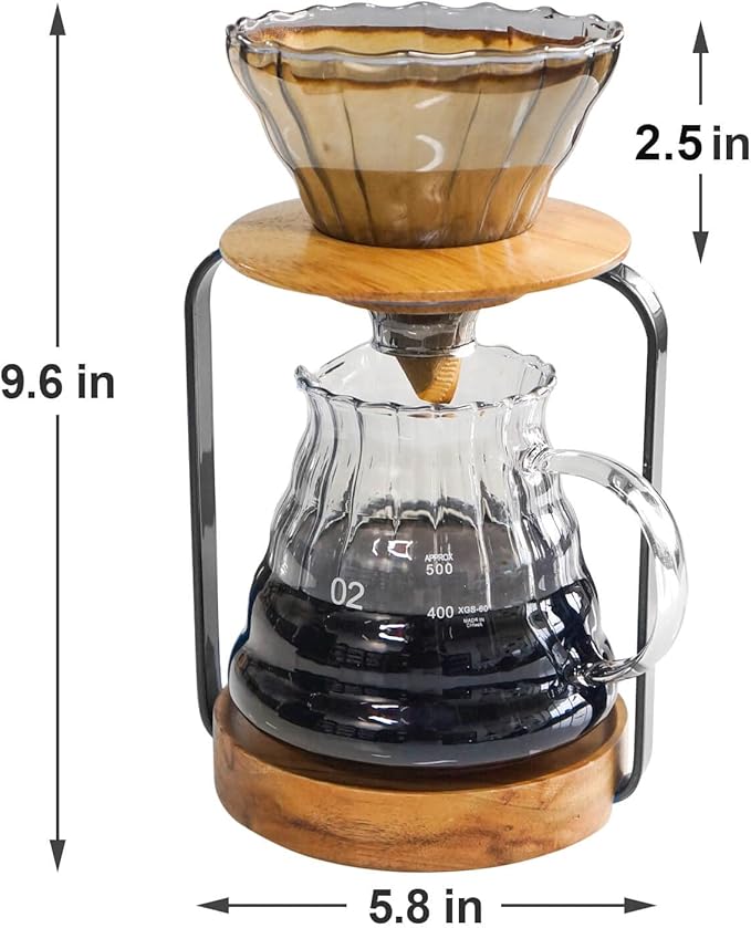 SOTECH Pour Over Coffee Station Dripper Stand Coffee Filter Wooden Filter Holder Glass Server with Paper Coffee Filters Coffee Maker Stand Set for Coffee Tea and Saffron