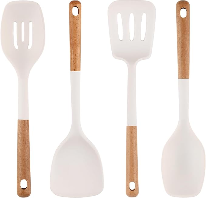 Silicone Kitchen Utensils Set of 4 Large Non-Stick Cooking Utensil Set w Wooden Handle Food Grade Heat Resistance Turner Spoon Silicone Cooking Kitchen Gadgets BPA Free for Nonstick Cookware