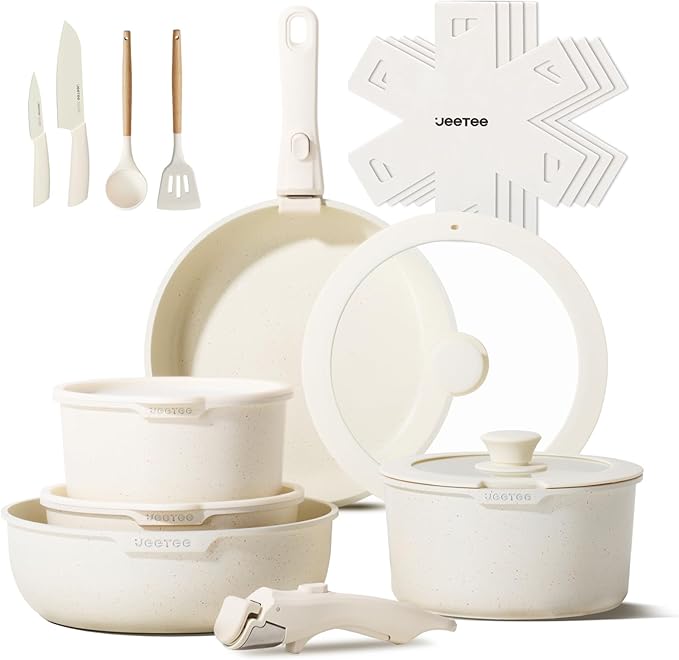 JEETEE Pots and Pans Set Non Stick 19pcs Kitchen Cookware Sets with Detachable Handle Induction Nonstick Cookware Set with Removable Handle Stackable RV Cookware Oven Safe PFOA Free Beige