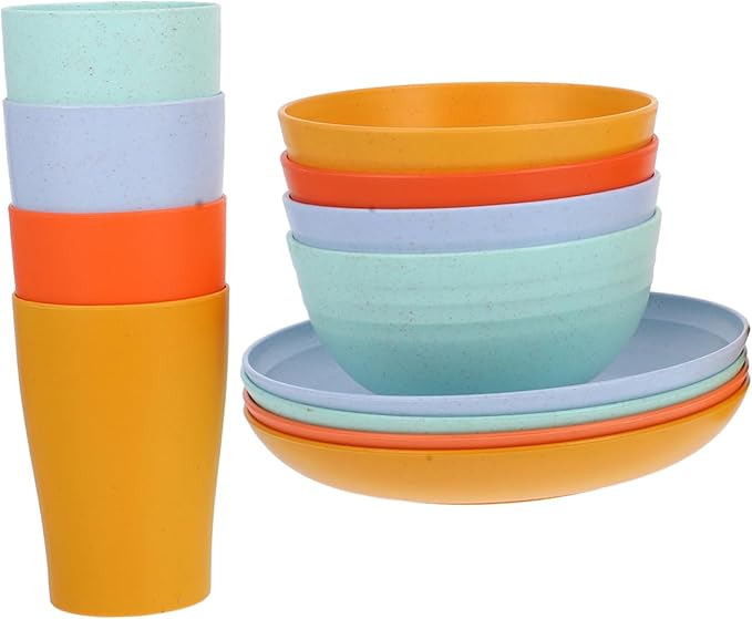 Alipis 12pcs Modern Wheat Straw Plastic Dinnerware Set Microwave Safe Plates Bowls Cups for Boys and Girls Toddlers Camping