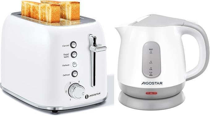 Aigostar Retro 2 Slice Toaster and Small Electric Kettle1L Portable Electric Tea Kettle 1100W