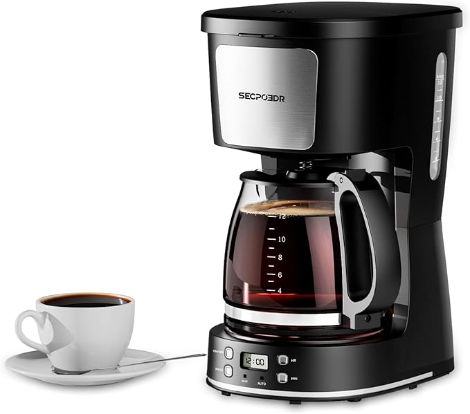 12-Cup Drip Coffee Maker with Reusable FilterProgrammable ClockAuto BrewWater WindowKeep Hot PlateGlass CarafeCompact Design for KitchenOfficeSilver and BlackStainless Steel
