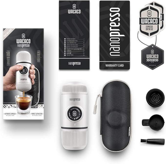 WACACO Nanopresso Portable Espresso Maker Bundled with Protective Case Upgrade Version of Minipresso Mini Travel Coffee Machine Perfect for Camping Travel and Office (New Elements Chill White)