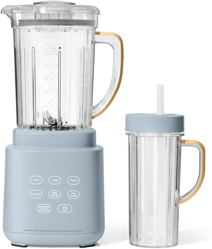 PowerExact Blender PrecisionSense Tech 3 Speeds 4 Presets 50oz BPA-Free Jar 20oz To-Go Cup No Drippy Sippy Lid Auto-Clean Dishwasher Safe Ice Crush &amp Smoothies (Cornflower Blue)