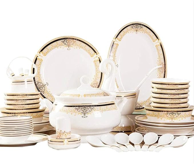 60-Piece Bone China Dinnerware Set - European-Style Elegant Plate &amp Bowl Set Service for 8-10