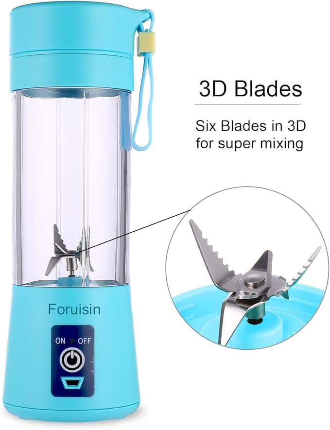 Portable blender Personal 6 Blades Juicer Cup Household Fruit MixerWith Magnetic Secure Switch USB Charger Cable 380ML (Blue)