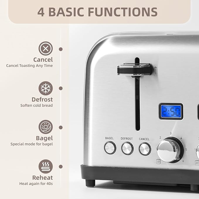 4-Slice Toaster with LCD Display Dual Control for Bagel 6 Shade Settings Extra Wide Slots Stainless Steel with High Lift Lever Removable Crumb Tray 1500W (Silver Metallic)