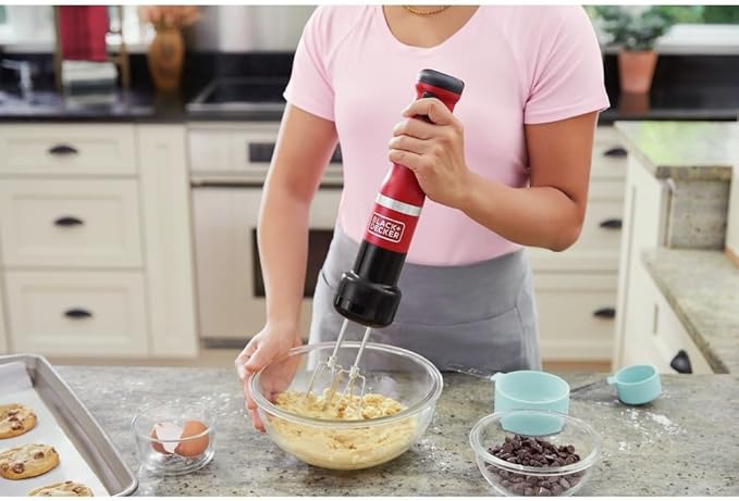BLACK+DECKER Kitchen Wand Cordless Immersion Blender 4 in 1 Multi Tool Set Hand Blender with Charging Dock Red (BCKM1014K06)
