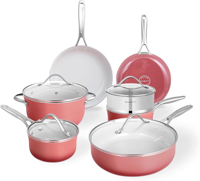Kitchen Pots and Pans Set Non Stick 11 Pcs Ceramic Cookware Set with Stay-Cool Handle Pot and Pan Set NonToxic PFOA/PFAS Free Dishwasher/Oven Safe Evenly Heats Enamel Exterior - Coral Red