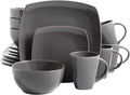 Square Dinnerware Set for 4 – 16-Piece Reactive Glaze Stoneware Dishes in Red Grey &amp White – Modern Microwave &amp Dishwasher Safe Plates Bowls &amp Mugs (Gray)