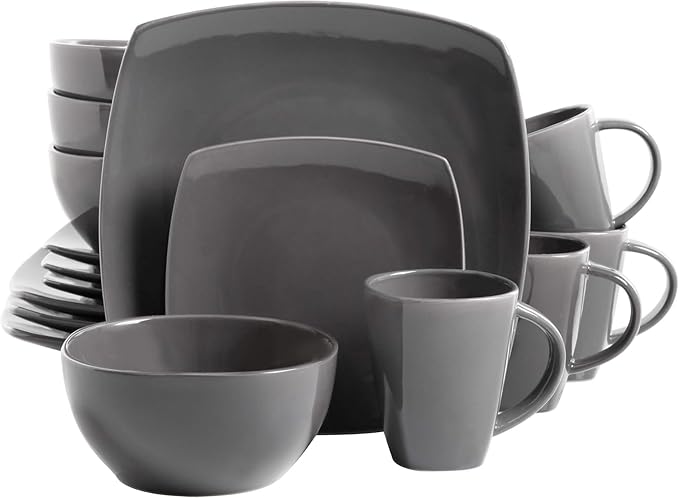 Square Dinnerware Set for 4 – 16-Piece Reactive Glaze Stoneware Dishes in Red Grey &amp White – Modern Microwave &amp Dishwasher Safe Plates Bowls &amp Mugs (Gray)