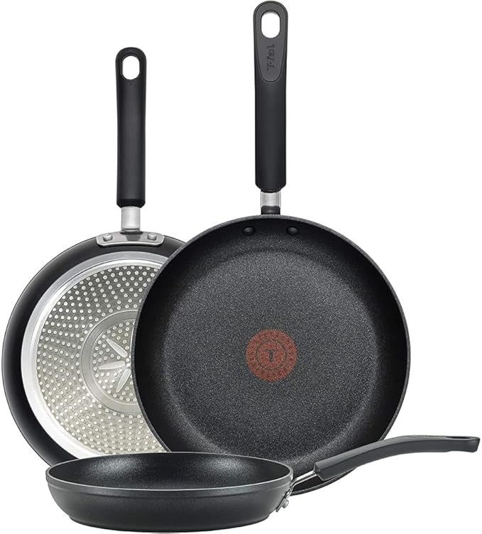 T-Fal Experience Non Stick Fry Pan Set 3 Piece 8 10.25 12 Inch Induction Oven Broiler Safe 400F Cookware Kitchen Cooking Set Pots and Pans Skillets Frying Pans Dining Dishwasher Safe Black