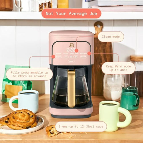 12 Cup Programmable Coffee Maker 24 Hour Auto Brew Touch Display Bold Strength Control Glass Carafe Reusable Filter Auto Shut Off (Rose)