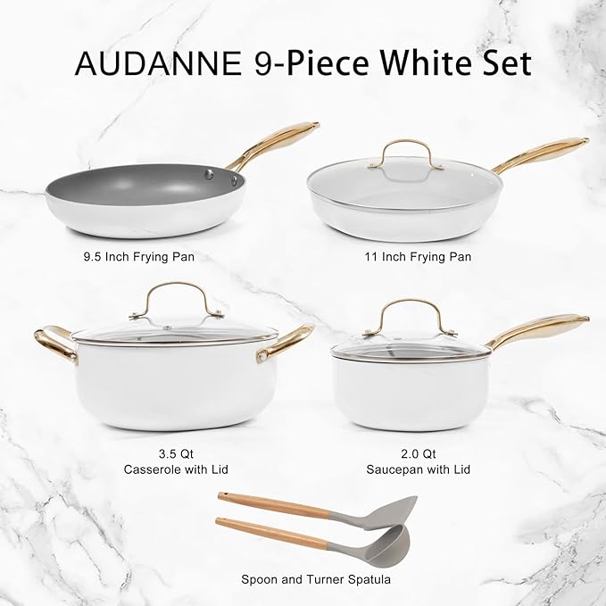 AUDANNE Nonstick Pots and Pans Set 9 Pieces Non Stick Kitchen Cookware Cooking Skillets Include Frying Pan with Lid Saucepan Casserole Spoon Turner Spatula PFOA Free for Induction White &amp