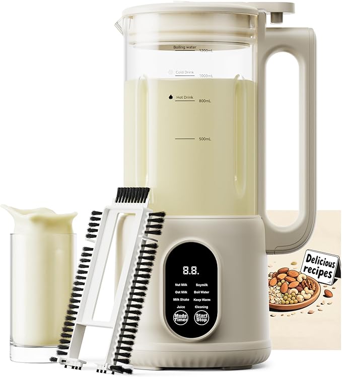 8-in-1 Automatic Nut Milk Maker Machine 34oz Heated Plant-Based Milk Machine with Auto-Clean 10-Blade System for Creamy Almond Oat Soy &amp Dairy-Free Milk 12H Timer