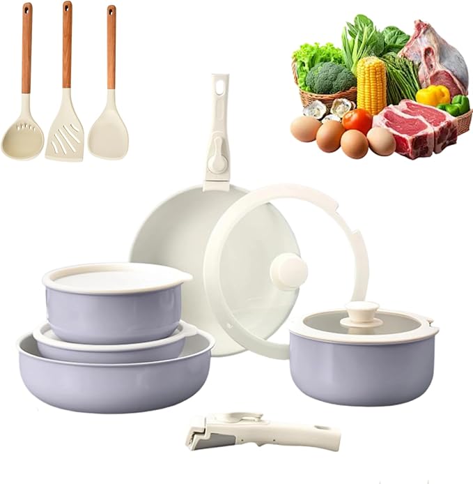 Cookware Set 5/11 Piece Utensils Cookware Set Removable Handle Stackable Nonstick Cooking Set for Kitchen With All Stovetops for Kitchen (Purple 11PCS)