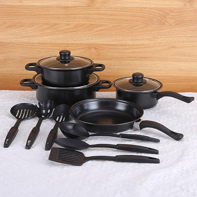 13 Piece Set Cookware Set Non-Stick Portable Lightweight Iron Pots and Pans with Glass Lids and Nylon Utensils for Outdoor Camping Picnic Travel Cookware