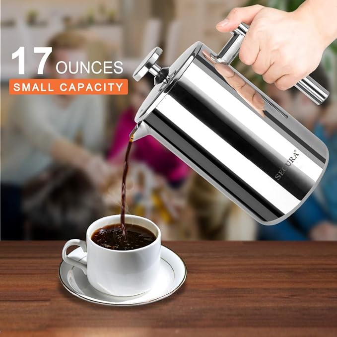 Secura 17oz and 34oz Stainless Steel French Press Coffee Makers with Extra Screens