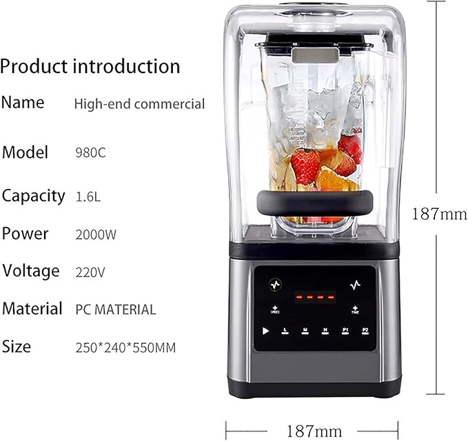 Commercial Blender Smoothie Maker 1.6L Blender with Soundproof Shield With Timing Function Adjustable Speed and Time for Crushing Ice Smoothie Puree Bar Coffee Shop