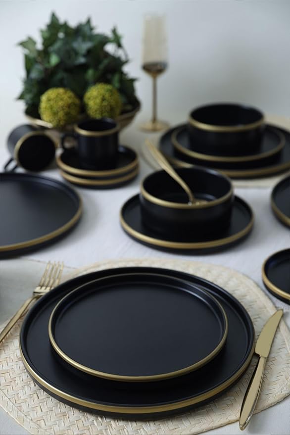 Dinnerware Set - Mat Siyah Gold Fileli Stackable - 20 Pieces - 4 Persons - Stoneware