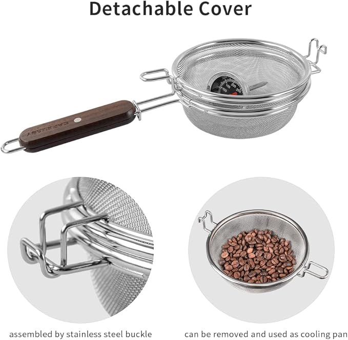 Home Coffee Bean Roaster Tool - CAFEMASY Portable Stainless Steel Handy Coffee Roaster Mesh Pan Tool with Thermometer for Home &amp Outdoor Coffee Beans Baking