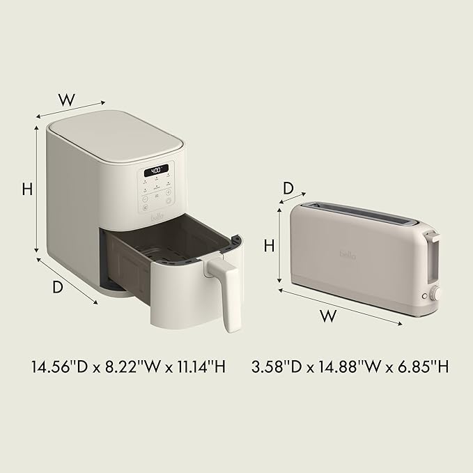 BELLA Slim 2 Slice Toaster + 4Qt Slim Air Fryer Fits-anywhere™ Kitchenware Small Air Fryer w 6 Preset Cooking Options and Slim Toaster w 6 Shades Control Oatmilk