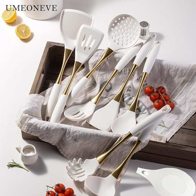 White And Gold Silicone Cookware Set 9-Piece Universal Kitchen Utensilsgold with white kitchen utensilsSilicone Spatula Cooking Spoons for Nonstick Cookware Golden Stainless steel Handle