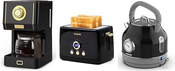 Amaste Black Coffee Maker &amp Black Toaster &amp Black Retro Electric Kettle Set