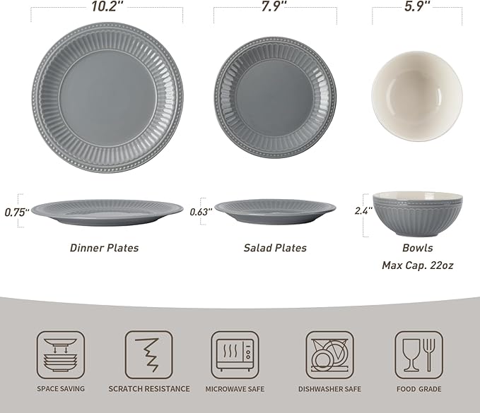 Famiware Garden Plates and Bowls Set for 6 18-Piece Kitchen Dishes Dinnerware Set - Microwave and Dishwasher Safe Scratch Resistant Reactive Glaze and Embossed Stoneware Tableware Bluish Grey