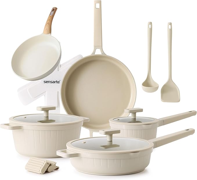 SENSARTE Ceramic Nonstick Cookware Set 15 Piece includes 8 Inch Frying Pan Skillet Induction Compatible Omelet Pan