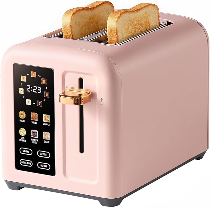 2-Slice Toaster with Touch Screen 7 Shade Settings Extra Wide Slots 6 Bread Function Stainless Steel with High Lift Lever Removable Crumb Tray 1350W (Pink)