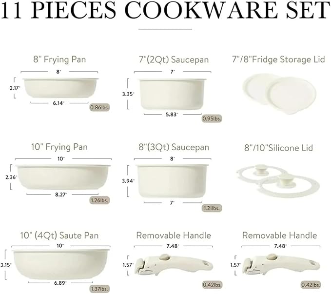 11 piece Nonstick Cookware Sets Handle Kitchen Removable Handle Cooking Pot Set