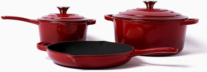 Larder &amp Vine 5-Piece Enameled Cast Iron Cookware Set - Includes 5.7 Quart Dutch Oven with Lid 10.25 Inch Skillet 2.2 Quart Saucepan with Lid (Cabernet)
