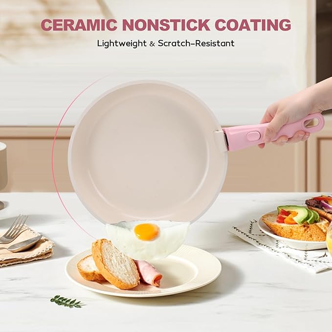 17 Piece Ceramic Pots and Pans Set Non Stick Cookware Set with Detachable Handle Dishwasher/Oven Safe Induction Ready Stackable RV Kitchen Cooking Set Removable Handles Pots Protectors Pink