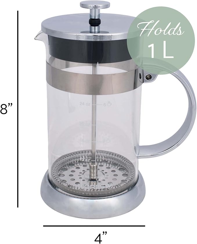Elanze Designs Stainless Steel 1 Liter Glass French Press Coffee and Loose Leaf Tea Maker