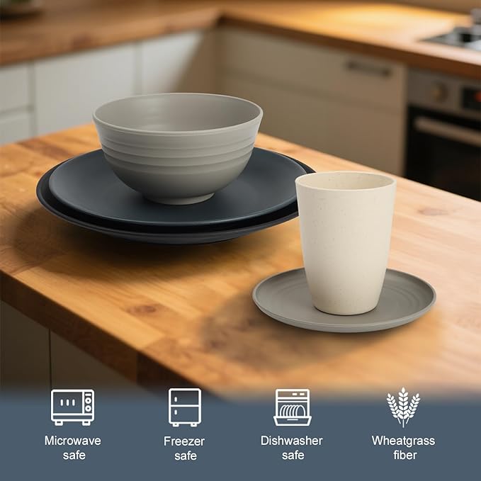 40 PCS Wheat Straw Dinnerware Set | Unbreakable Dishes Set for 8 - Alternative to Plastic Plates and Bowls Sets Cereal Bowl Water Cups Dishwasher &amp Microwave Safe Bowls for Kitchen - Dark