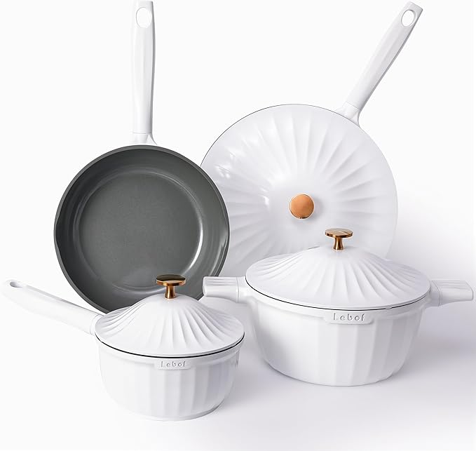 Nonstick Ceramic Cookware Set (7 Piece)–Titanium Cast Aluminum Pots and Pans Set with Lids Non Toxic PFAS-Free Compatible with All Stovetops–Pearl White