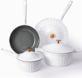 Nonstick Ceramic Cookware Set (7 Piece)–Titanium Cast Aluminum Pots and Pans Set with Lids Non Toxic PFAS-Free Compatible with All Stovetops–Pearl White