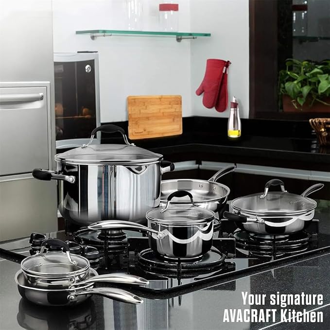 10 Stainless Steel Cookware Set Pots and Pans Set Kitchen Essentials for Cooking Multi Ply Body Stainless10 PcOne