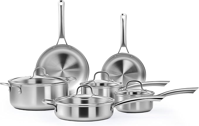 Bonnlo 10 Pieces Cookware Set 3-Ply Stainless Steel Pots and Pans Set with Lids Non-Toxic Kitchen Set Oven &amp Dishwasher Safe Induction Cooking Set PFOA &amp PTFE Free Compatible for All Coo