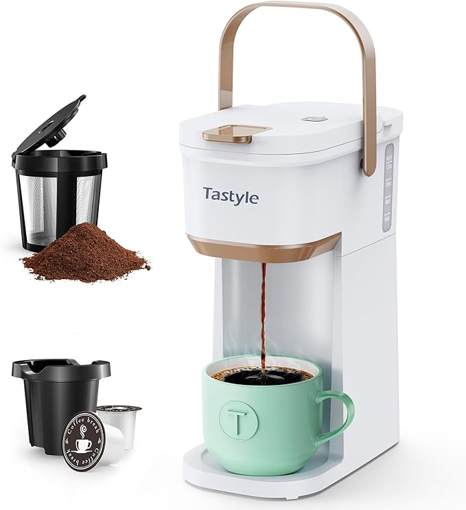Single Serve One Cup Coffee Maker for K Cups and Grounds Mini Coffee Maker with Portable Handle 6 to 12 Oz Brew Size for Travel Camping Office RV and Dorm 120V White and Brown