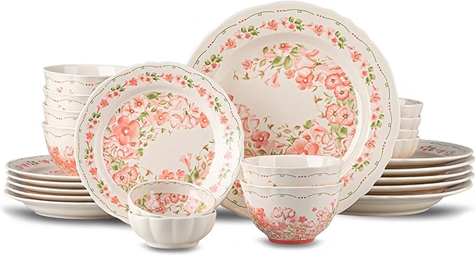 24 Piece Dinnerware Sets for 6 Scratch Resistantmicrowave oven and Dishwasher Safe Plates and Bowls Sets Ceramic Dish Set Bowl and Plate Set -Pink peach blossom pattern