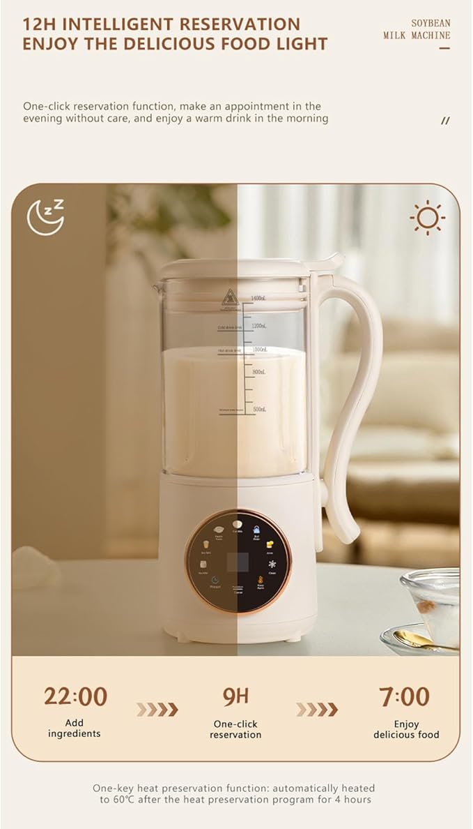 1.4L Multi functional soymilk maker SUS and ABS material 600W with Timer Automatic Almond Milk Machine Insulation Function for Various Non Dairy Beverages (US Plug 110V)